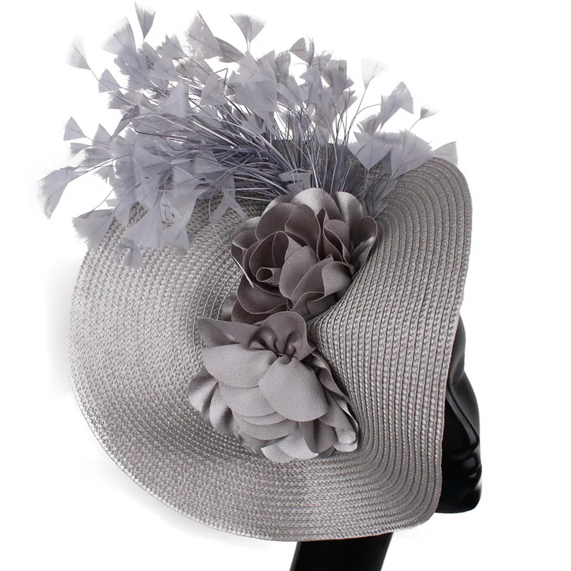 

Imitation Straw Big Derby Hair Fascinator Hat Headband Nice Flower Headwear With Fancy Feather Hair Accessories Bridal Headpiece