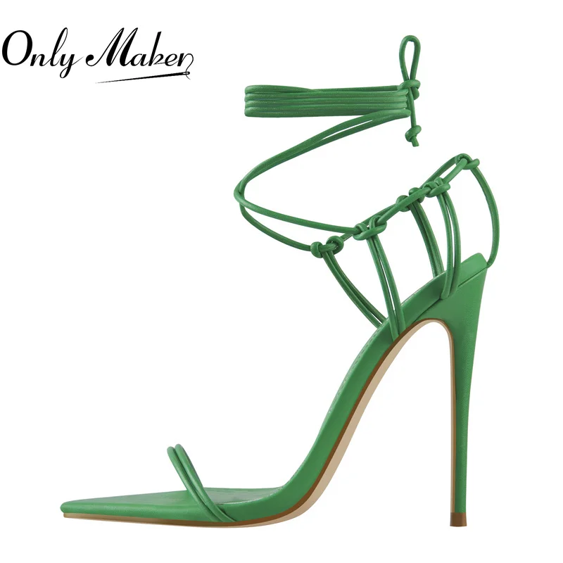 Onlymaker Women Pointed Toe Thin High Heels Green PU Cross-tied Lace up  Fashion Party Big Size Summer  Sandals