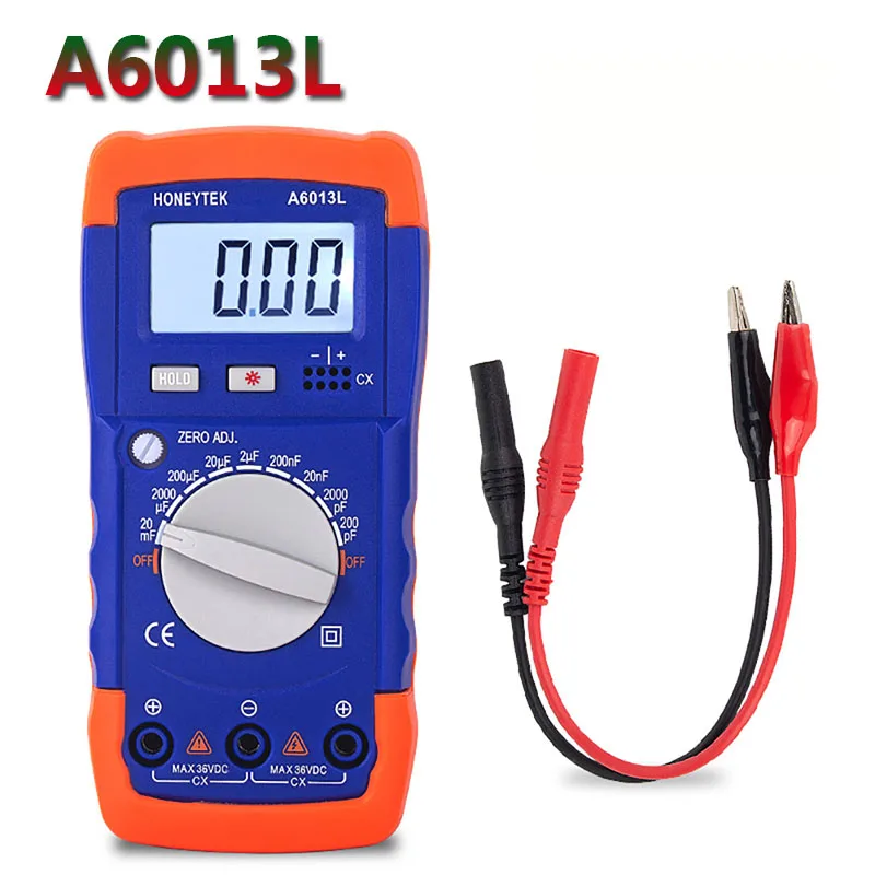 A6013L Meter Capacitance Tester 1999 Count LC With Set Of Probes Feelers 200pF-20mF Capacitor Meter Data HOLD With LCD Backlight