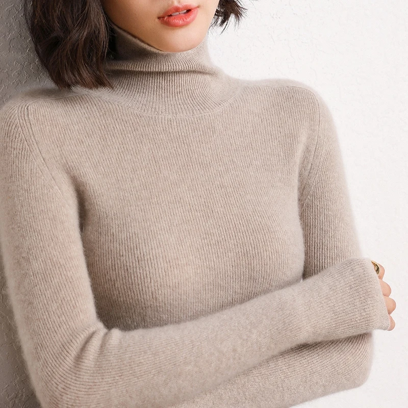 Women Pullover 100% Cashmere Sweater Winter New Turtleneck High Elastic Sweater Female Warm Soft Basic Jumper Solid Slim Tops