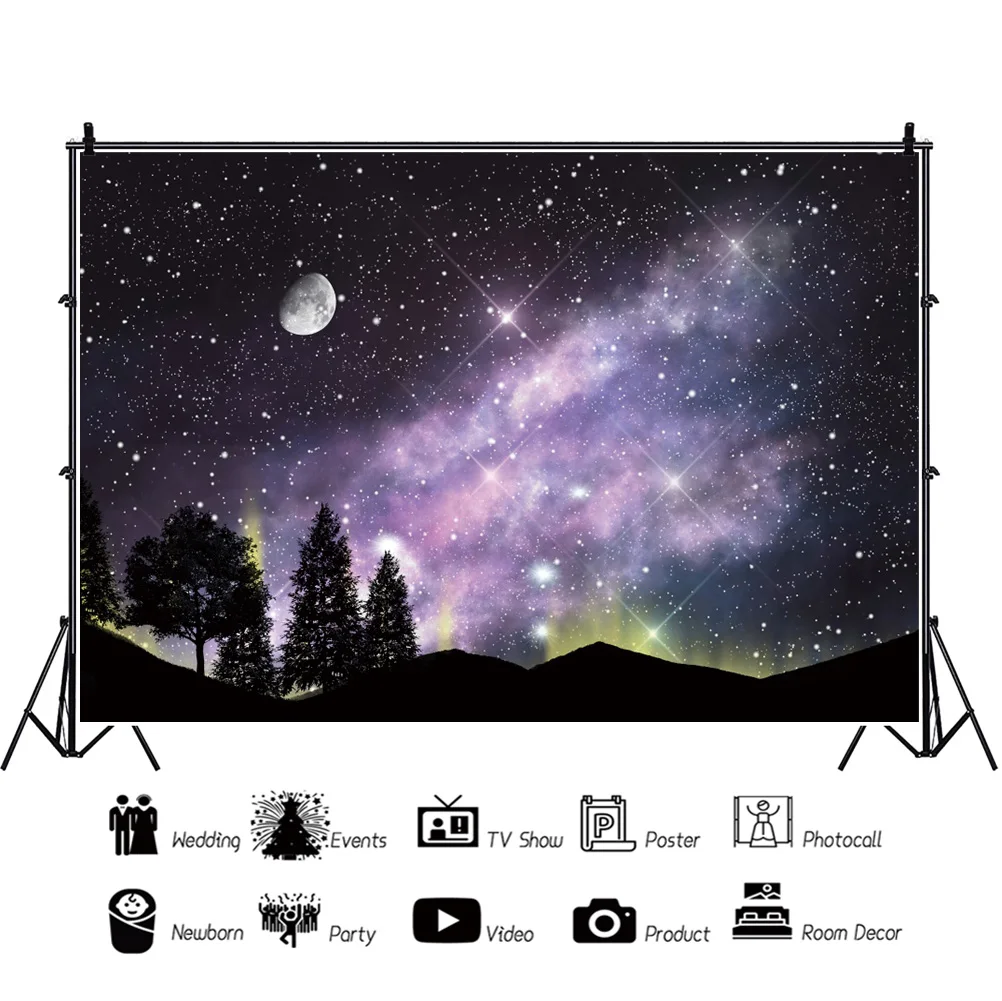 Laeacco Dreamy Starry Shiny Star sfondo fotografico vista notturna Galaxy Moon Forest Child Photocall Poster fondali fotografici