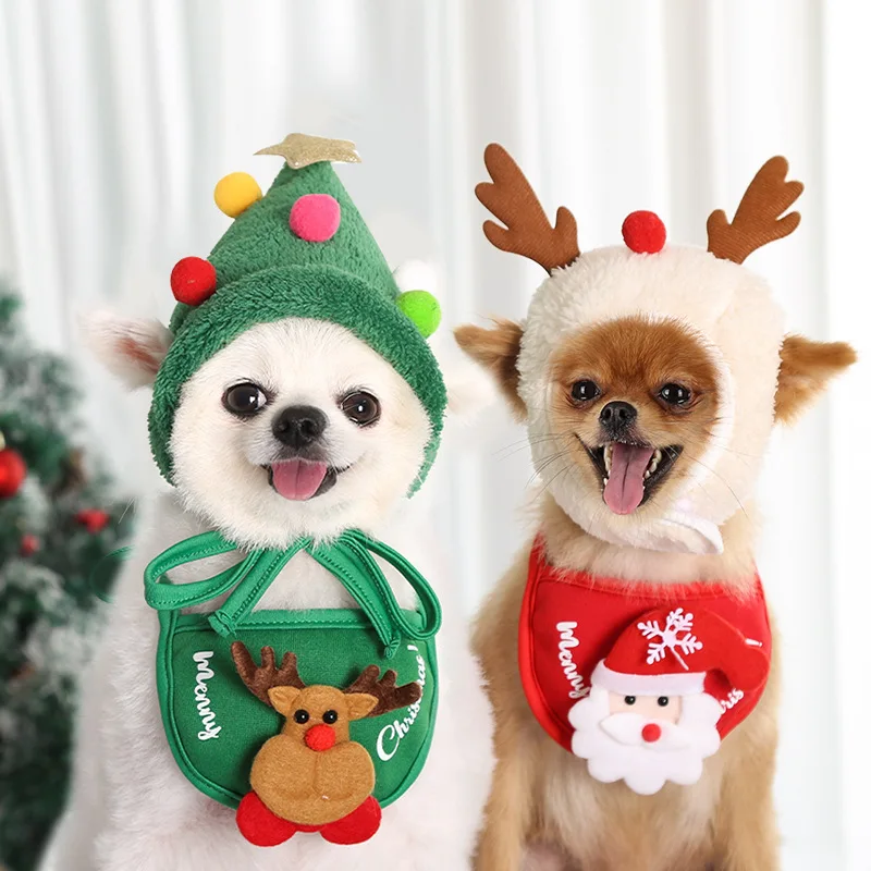 Pet Cat Dog Christmas Elk Bibs Hat Pet Scarf Triangle Cute Bibs Kerchief Christmas for Pet Halloween Thanksgiving Decoration