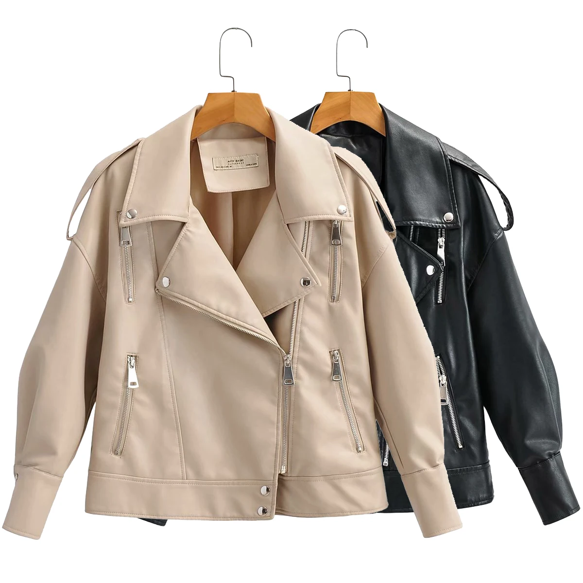 Autumn Women Pu Faux Soft Leather Jacket Casual Female Turn Down Collar Moto Biker Zipper Loose Black Coat With Belt Black Beige