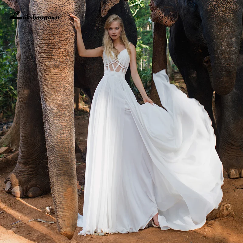 Vestido de novia bohemio de Chifón con abertura para mujer, traje de novia con escote en V, color blanco