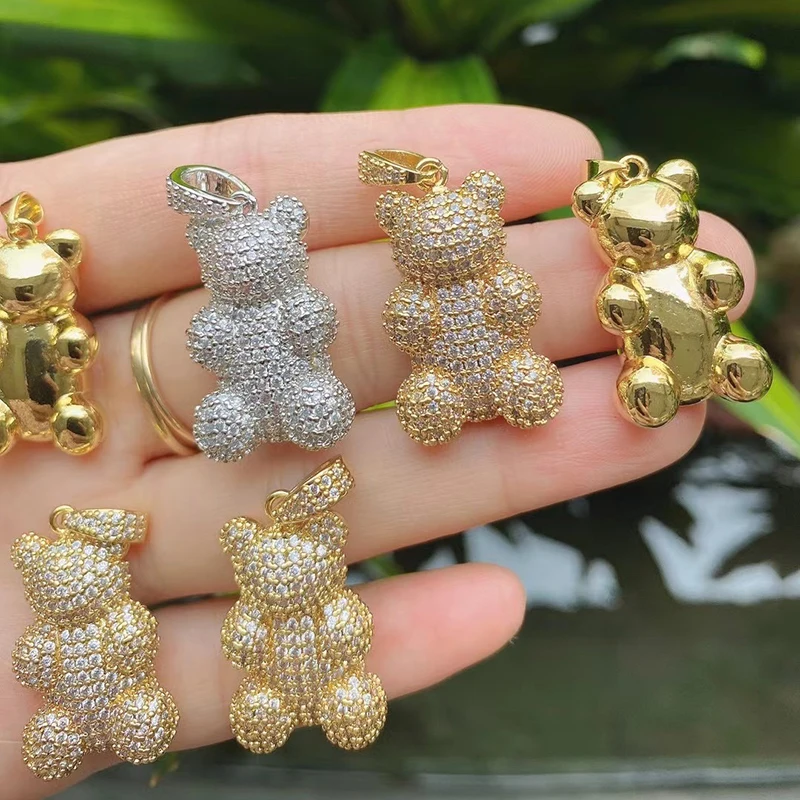 Niedlicher Bären-Charm-Anhänger in Goldfarbe, mit Perlen besetzt, mit Zirkonia CZ gepflastert, Schmuck, Halskette, Armband, Großhandel, Zubehör M85 – Detail 9