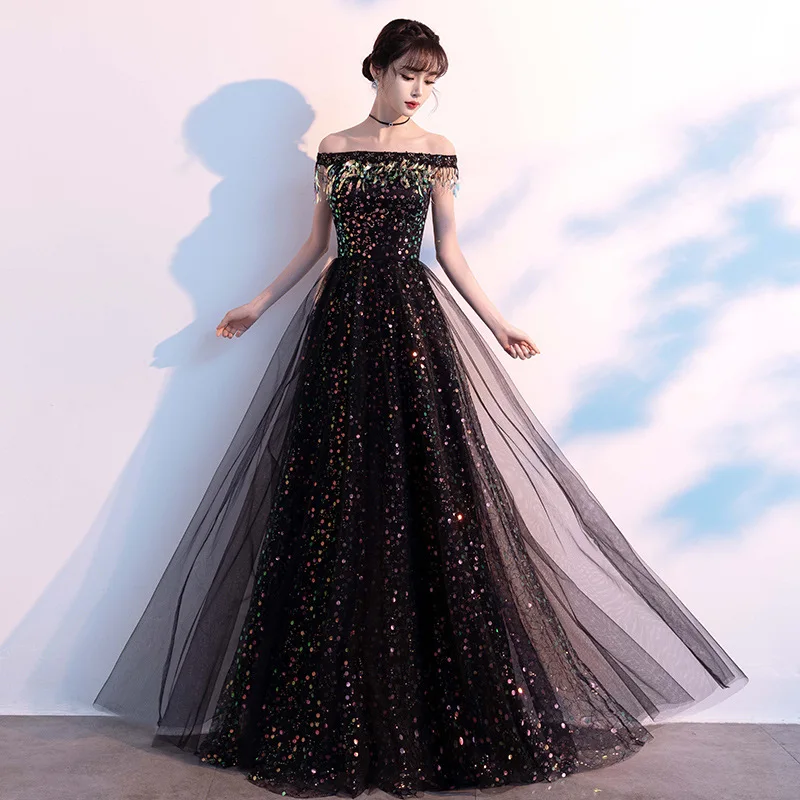 

Evening Dress Cantata Performance Costume Female Black One-shoulder Sequined Long Skirt Student Host Conductor Prom Dress A225