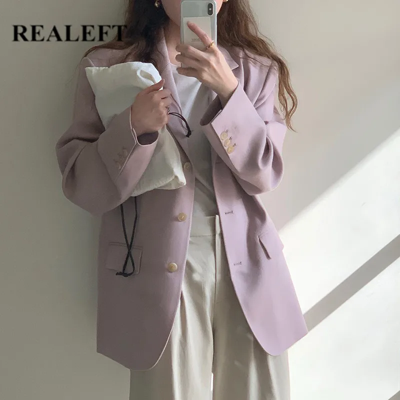 

REALEFT 2021 Vintage Single-breasted Women's Blazer Autumn Elegant Long Sleeve Office Lady Casual Blazer Outwear Coat Jackets