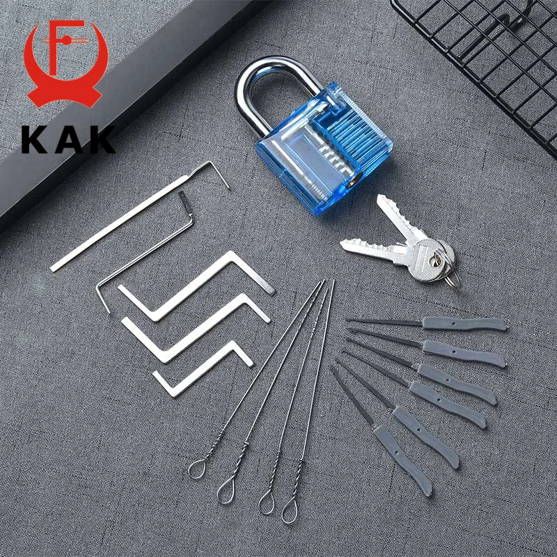 KAK Transparent Visible Pick Cutaway Practice Padlock Lock With Broken Key Removing Hook Kit Extractor Set Locksmith Wrench Tool