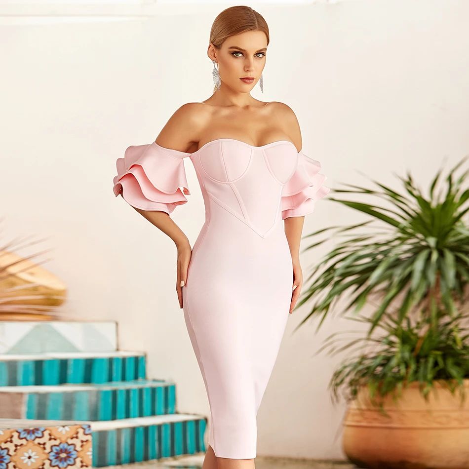 2022 New Summer Women Off Shoulder Bodycon Bandage Dress Sexy Butterfly Short Sleeve Celebrity Night Runway Party Clubware Dress