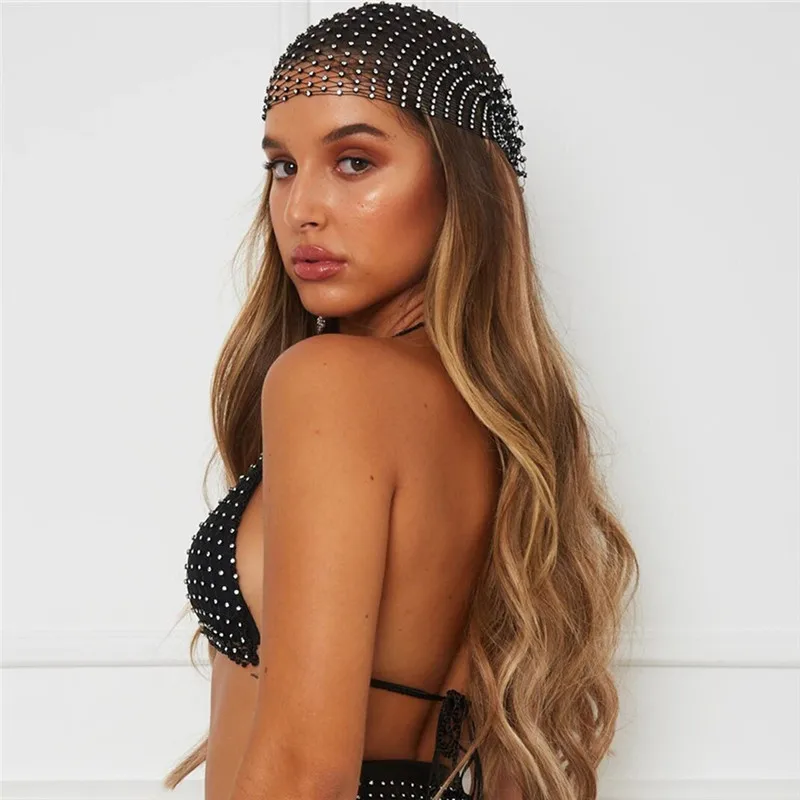 Akyzo Fishnet Plaid Bling Rhinestone Women Head Scarf Hollow Out Patchwork Glitter Crystal Trendy Wild Headband Turban Hair Hat