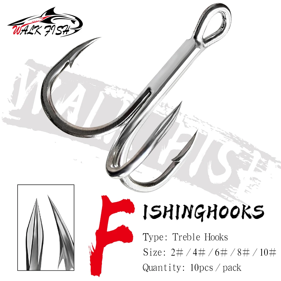 WALK FISH 10PCS Fishing Hook 2# 4# 6# 8# 10# Treble Fishing Overturned Hook High Steel Carbon Saltwater Bass Fishing Tool Tackle