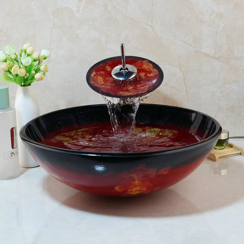 OUBONI Red Hand Painting Tempered Glass Vessel Sink Countertop Bowl Waterfall Basin Faucet Set W/ Pop Drain & Basin Mixer Tap