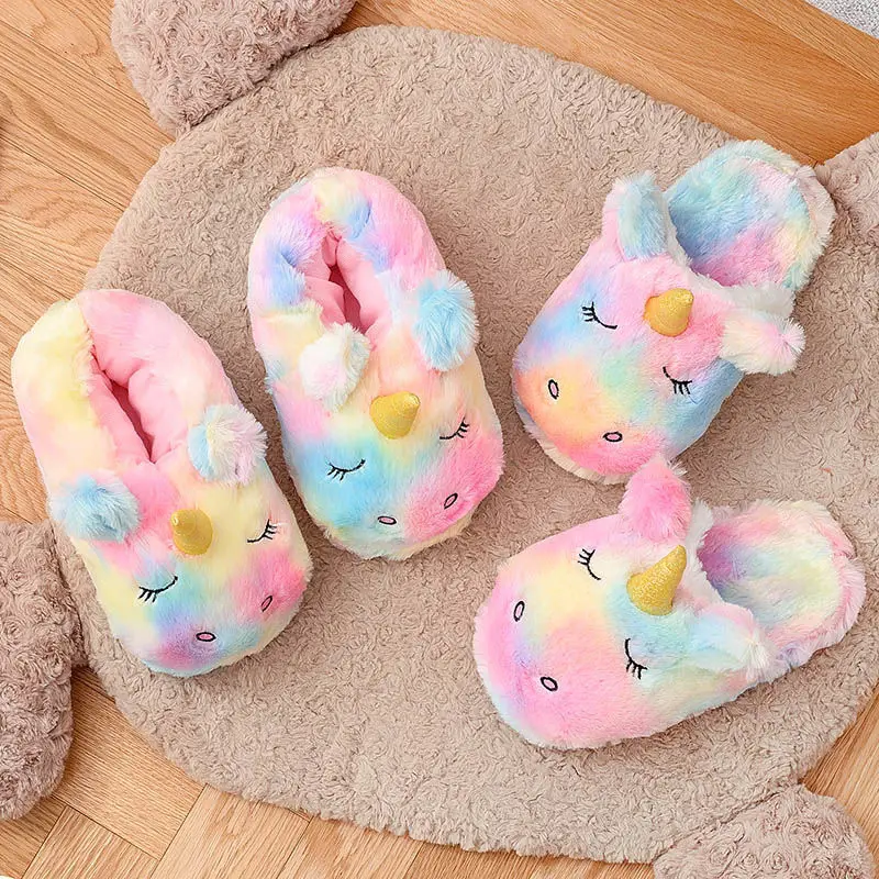 Women Indoor Warm Colored Cartoon Unicorn Slippers Girl's Home Lovely Plush Soft Shoes Ladies Funny Furry Comfortable Slides Hot