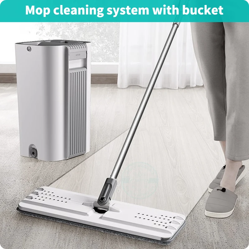 Fypo Flat Floor Mop and Bucket Set for Floor Cleaning, Hands Free Squeeze Mop for Hardwood,2 Reusable Microfiber Mop Heads