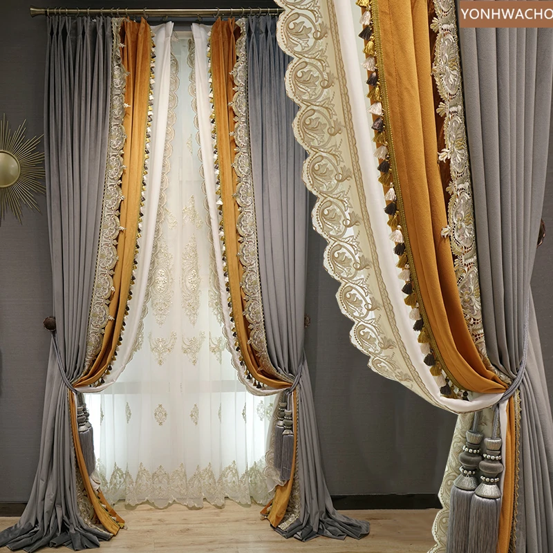 

Custom curtains high quality elegant royal court gray high-grade velvet thick embroidery cloth curtain tulle panel C312