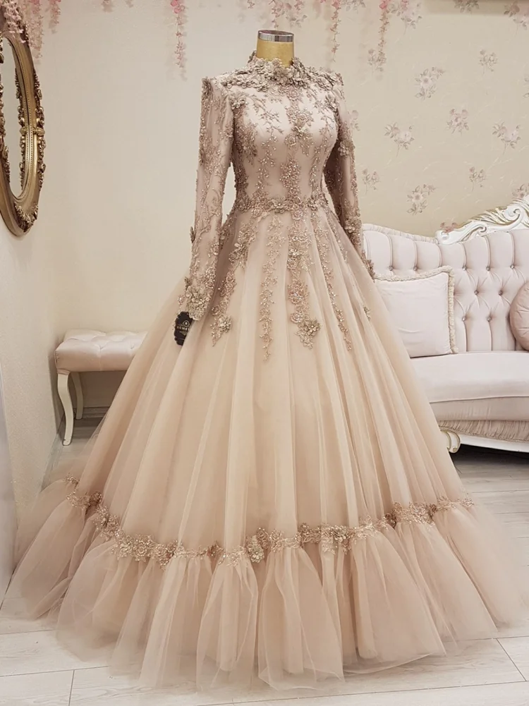 Funyue Delicate Champagne Appliques Lace Prom Dress 2024 Elegant Long Sleeve A-Line Tulle Long Formal Evening Gown فساتين السهرة