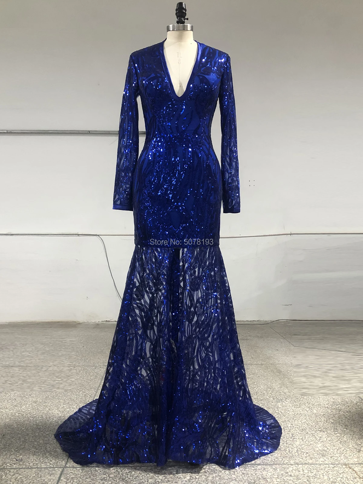 Robe de soirée élégante, col en v, manches longues, fermeture éclair, sirène/trompette, paillettes, bleu Royal, à la mode, livraison gratuite, N215