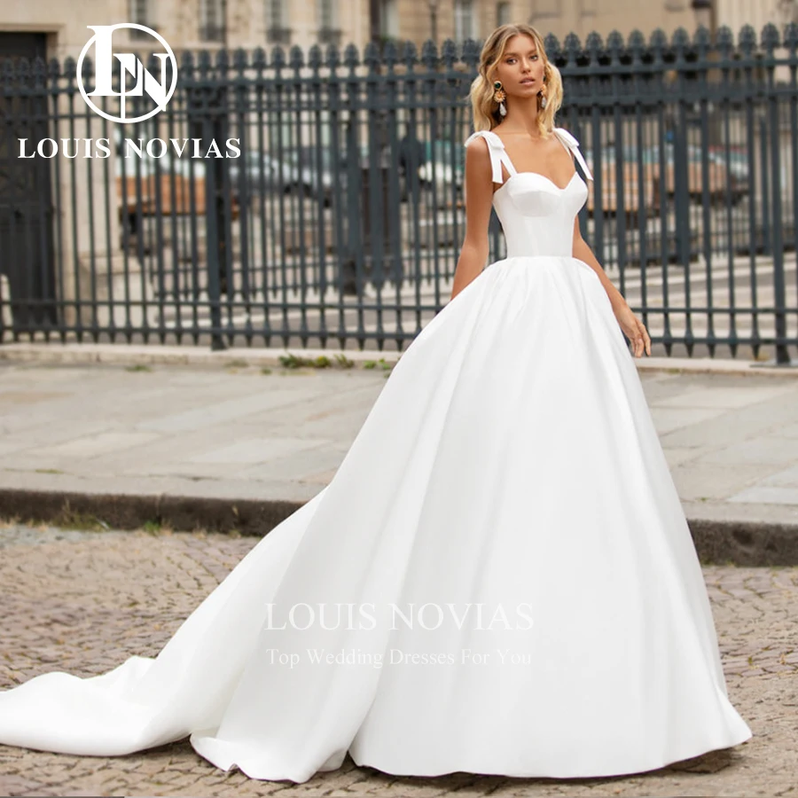 Louis novias vestido de casamento de cetim sexy querida cintas de espaguete arco tribunal trem simples vestido de baile vestido de noiva novia