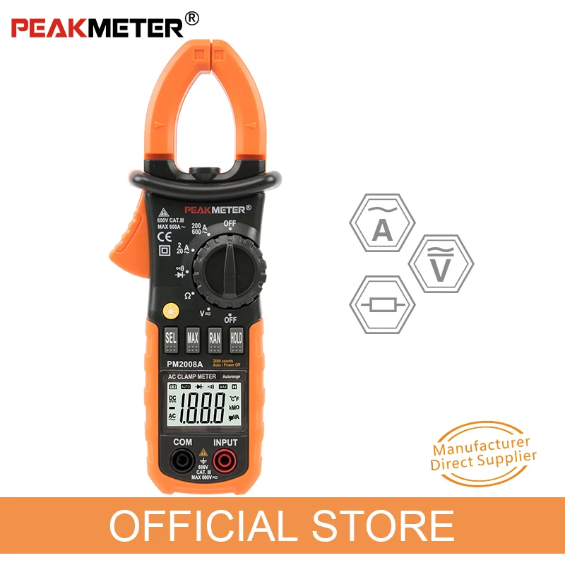 Digital Clamp Meter Multimeter Auto Range Amperemeter Voltmeter Ohmmeter  LCD Backlight Current Voltage Tester PEAKMETER PM2008A