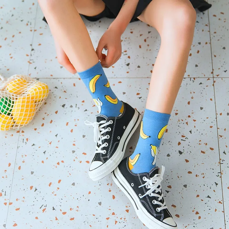 Women Funny Socks Spring Autumn Cartoon Socks Avocado Lemon Watermelon Peach Strawberry Banana Cotton Harajuku Casual Socks