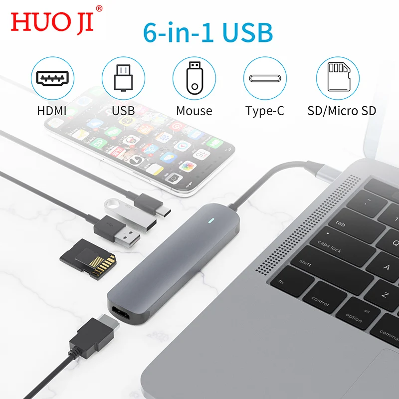 HUO JI USB C 허브 유형 C-HDMI 호환 USB 3.0 어댑터 6 in 1 Type C 허브 도크 MacBook Pro Air USB C 스플리터