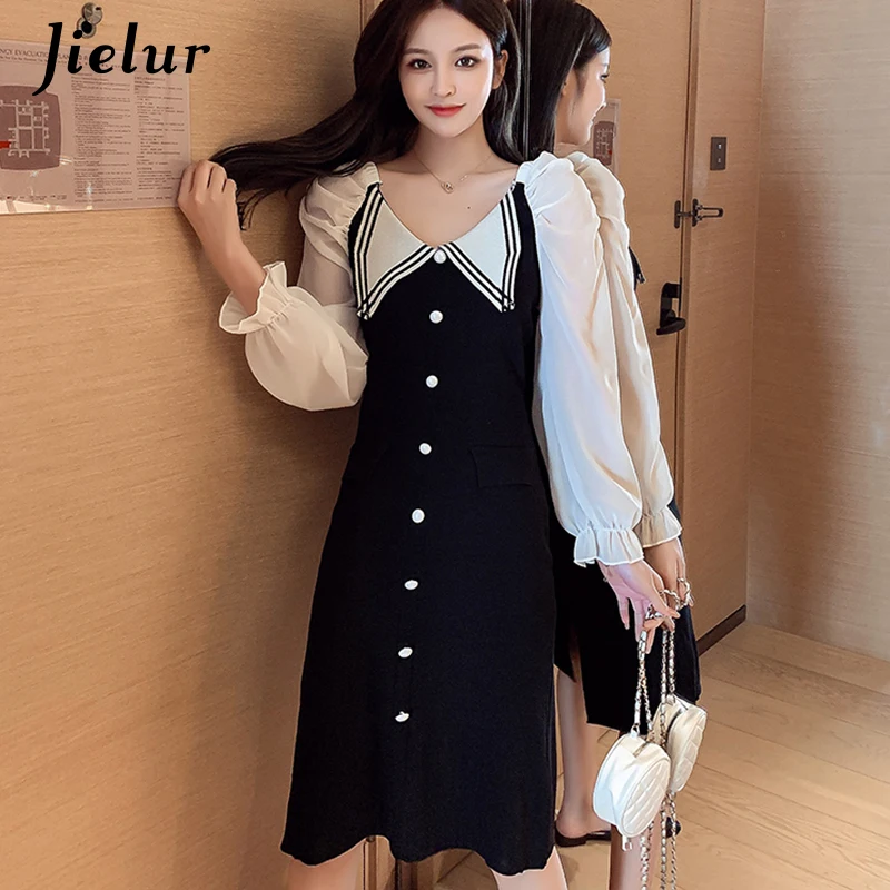 Jielur – robe noire pour femmes, nouvelle collection automne hiver 2021, tenue tricotée, Attractive, taille haute, mode OL, manches longues, S-XL