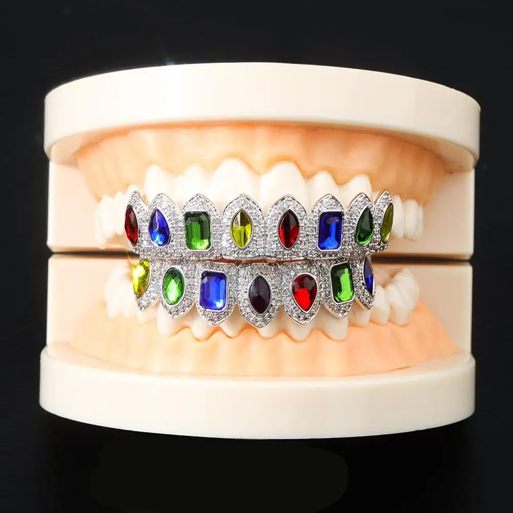 JINAO New Hip Hop Grillz Set Gold Silver color Jewelry Cubic Zirconia Hip Hop Teeth Grillz Top & Bottom Grills Party Gifts