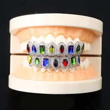 JINAO New Hip Hop Grillz Set Gold Silver Color Jewelry Cubic Zirconia Hip Hop Teeth Grillz Top &amp; Bottom Grill Party Gifts