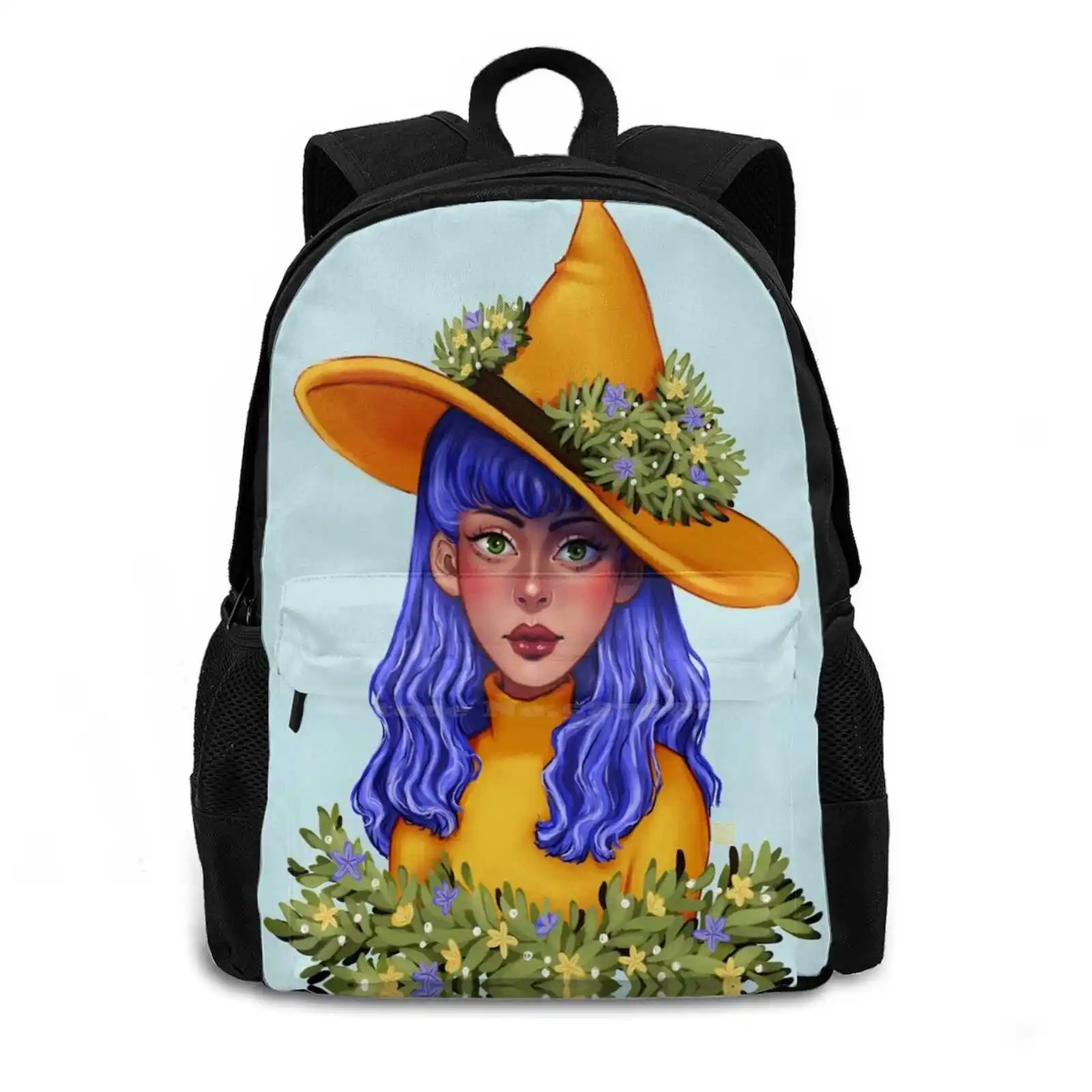 483D Print Design Backpack Student Bag Portrait Illustration Yellow Witchy Green Plants Blue Hair Bust Little Flowers Herbs