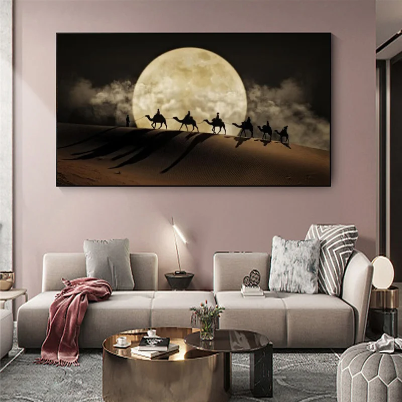 

Landscape Canvas Painting Desert Wall Art Posters And Prints Camel in the Desert Canvas Art Moon Night Scene Picture Wall Decor