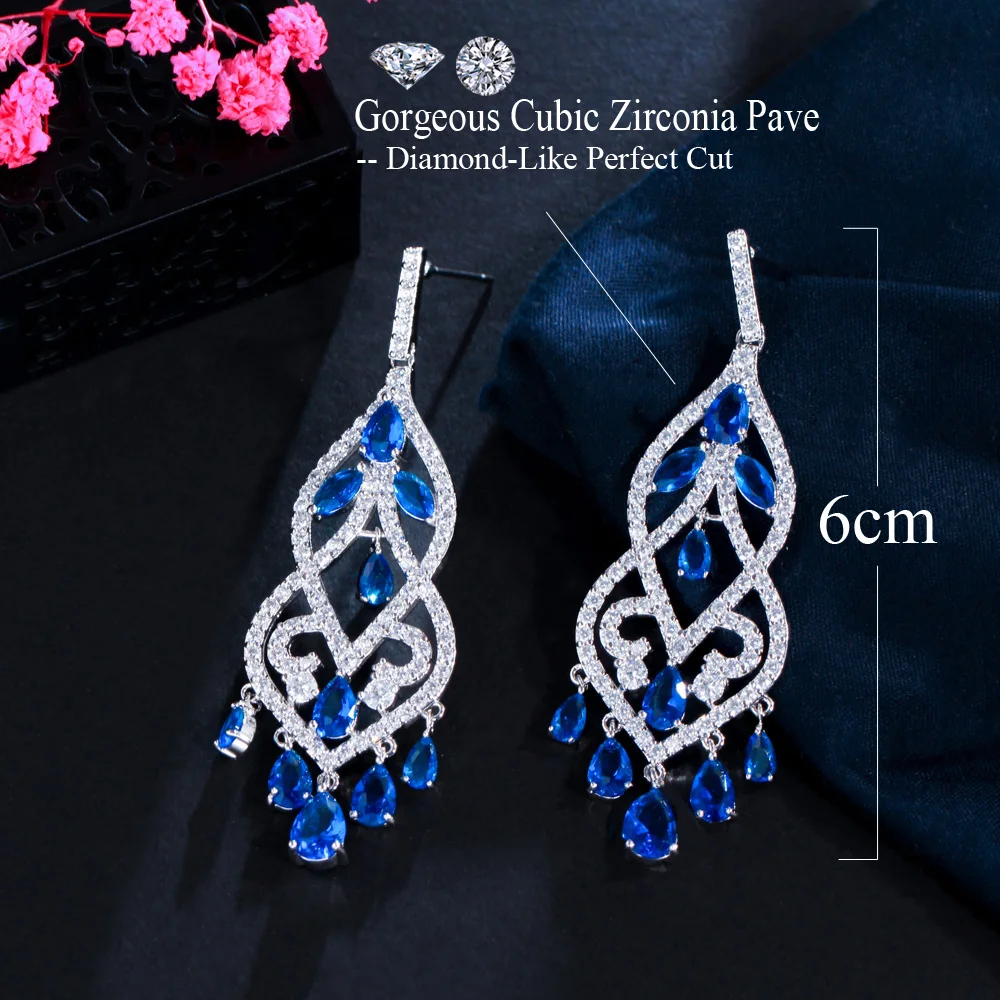 CWWZircons European Blue Cubic Zirconia Crystal Tassel Dangle Drop Long Chandelier Earring Wedding Prom Jewelry for Women CZ116