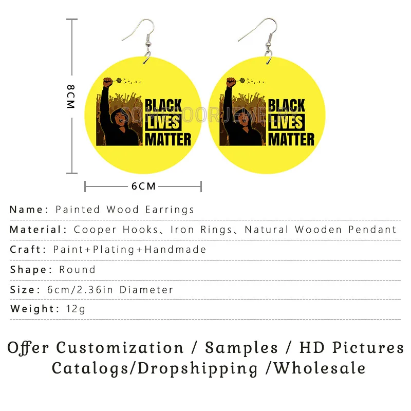 SOMESOOR Shout Black Lives Matters African Wooden Drop Earrings Flight Racial Discrimination Power Fist Printed For Women Gifts