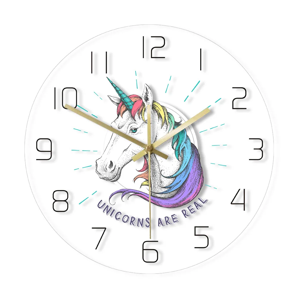 Unicorns Are Real Magical Rainbow Unicorn Transparent Acrylic Wall Clock Unicorn Party Sign Modern Silent Wall Watch Timepiece