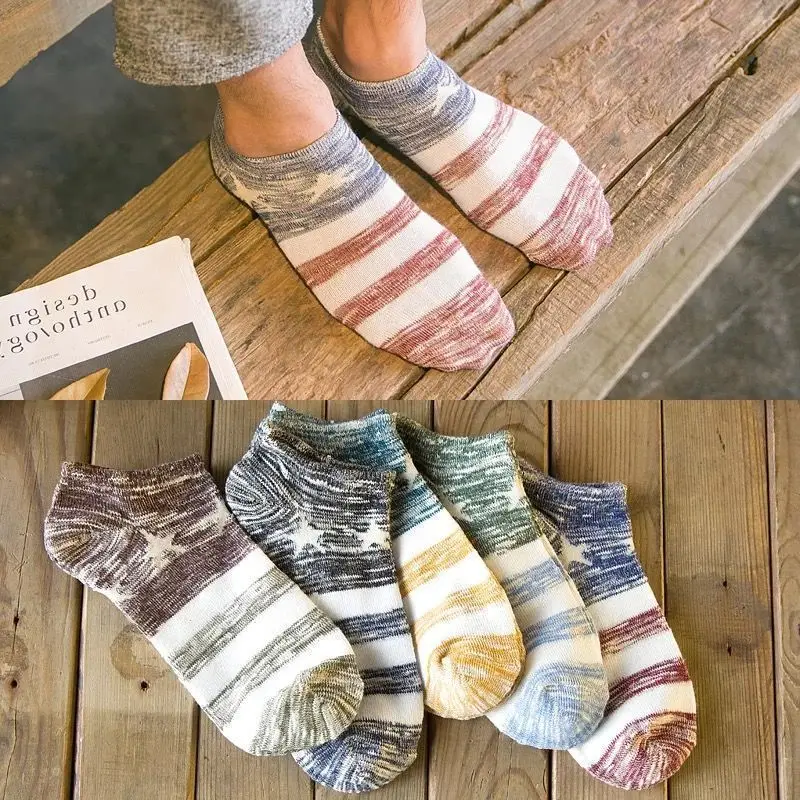 

5 pairs Set Color pattern Elastic Breathable Sock Unisex Comfortable Stripe Polyester Sock Slippers Short Ankle Sock Cotton Sock