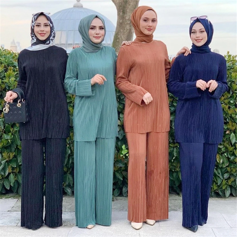 

Eid Mubarak Kaftan Dubai Abaya Turkey Muslim Fashion Hijab Tops Pants Sets Islam Clothing Abayas For Women Arab Pleated Fashion