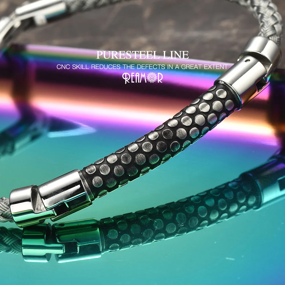 REAMOR Silver Color CNC Structural Mechanical Men Bracelets Snake Skin Texture Stainless steel Wire Bracelet For Dazzle Cool Boy