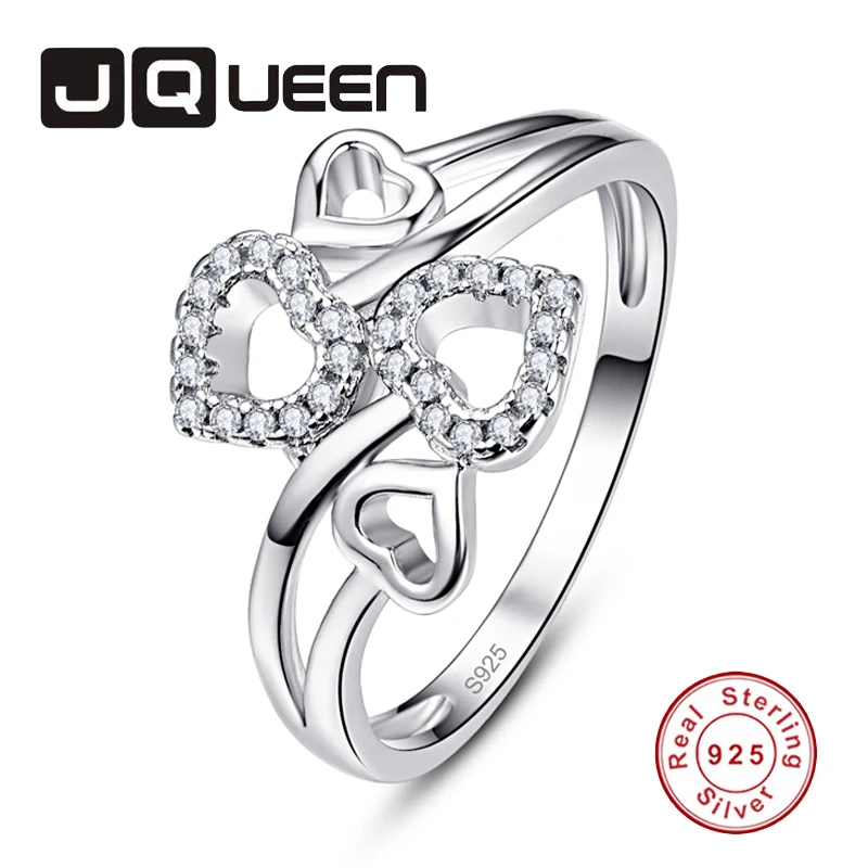 JQUEEN Women's Four Heart Wedding Ring Silver Ring 925 Jewelry Paving Set CZ Zircon Crystal Jewelry Bijoux Femme