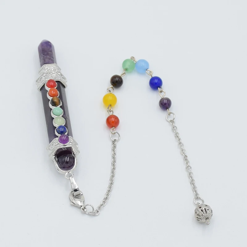 Natural Rock Crystal Amethysts Red Stone dowsing Pendulum Reiki Healing 7 Chakra Beads Pencil Point Pendants with bead chain