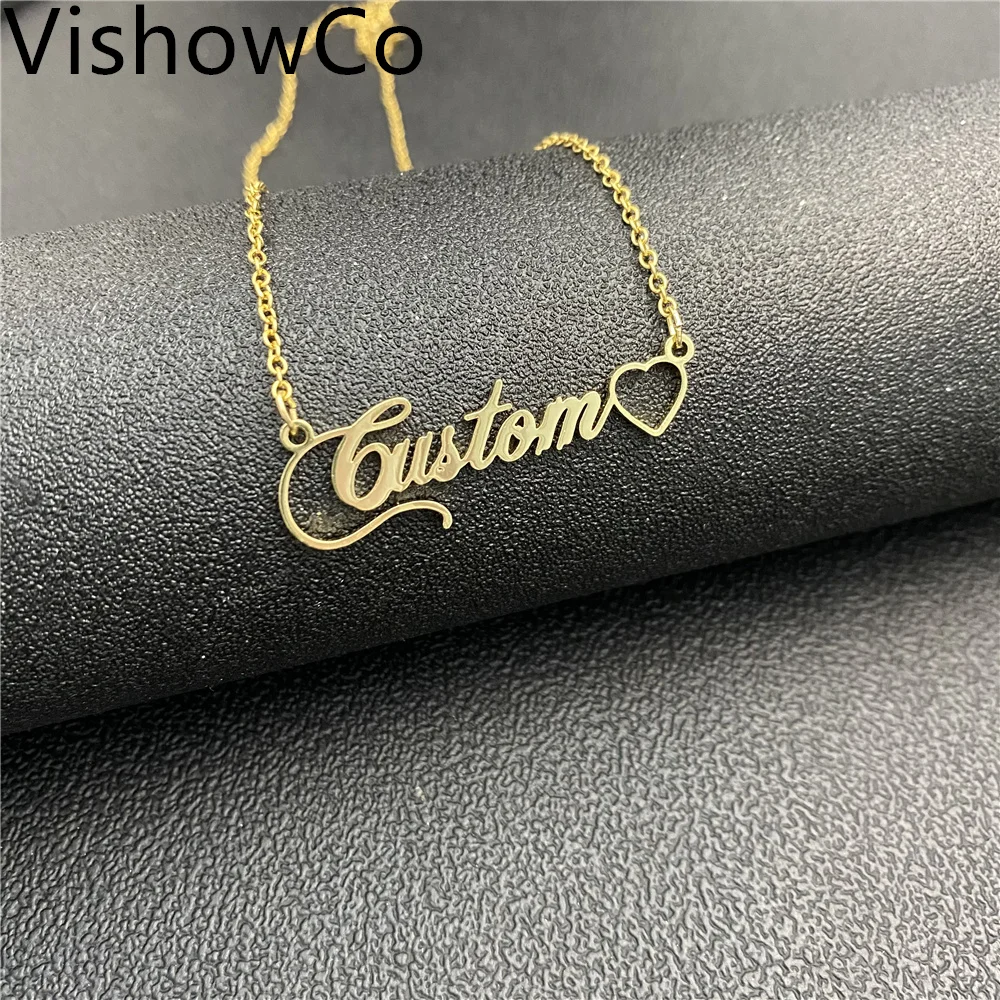 

VishowCo Custom Name Necklace Stainless Steel Gold Choker Personalized Name Heart Nameplate Pendant Necklace For Women Gift