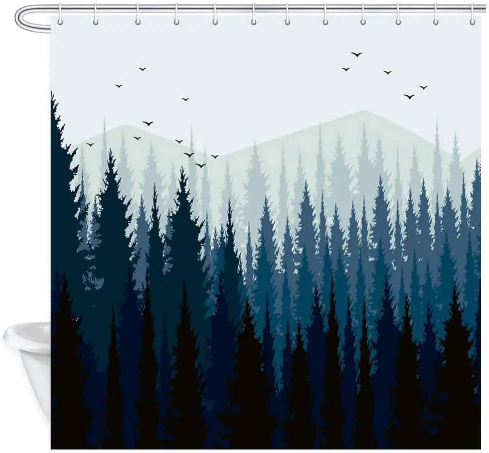 3D Forest Shower Curtain Foggy Mountain Birds and Pine Trees Scene Bathroom Polyester Fabric Curtains Black Navy Blue With Hooks