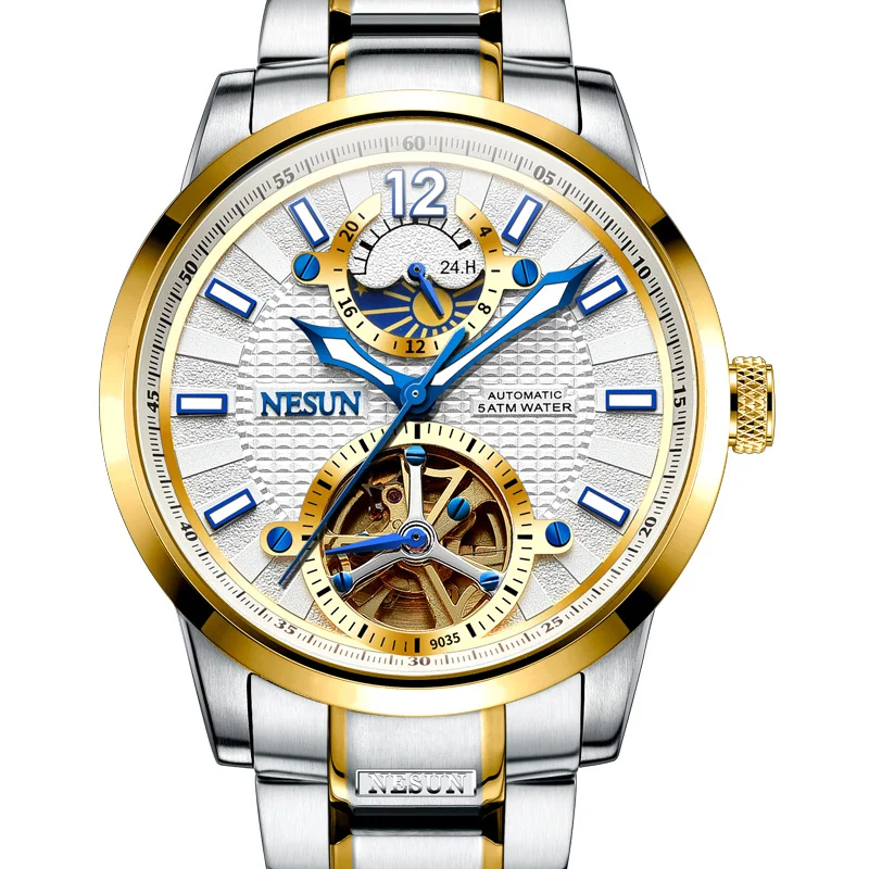 Luxury Brand NESUN Automatic Mechanical Men's Watches Multi-function Sapphire Skeleton Flywheel Luminous Moon Phase Clocks N9035