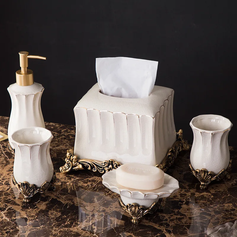 Crack Glaze Series Bathroom Accessories, Soap Dispenser, Bar Soap Dish, Tumbler, and Toothbrush Holder, Retro Luxury Style