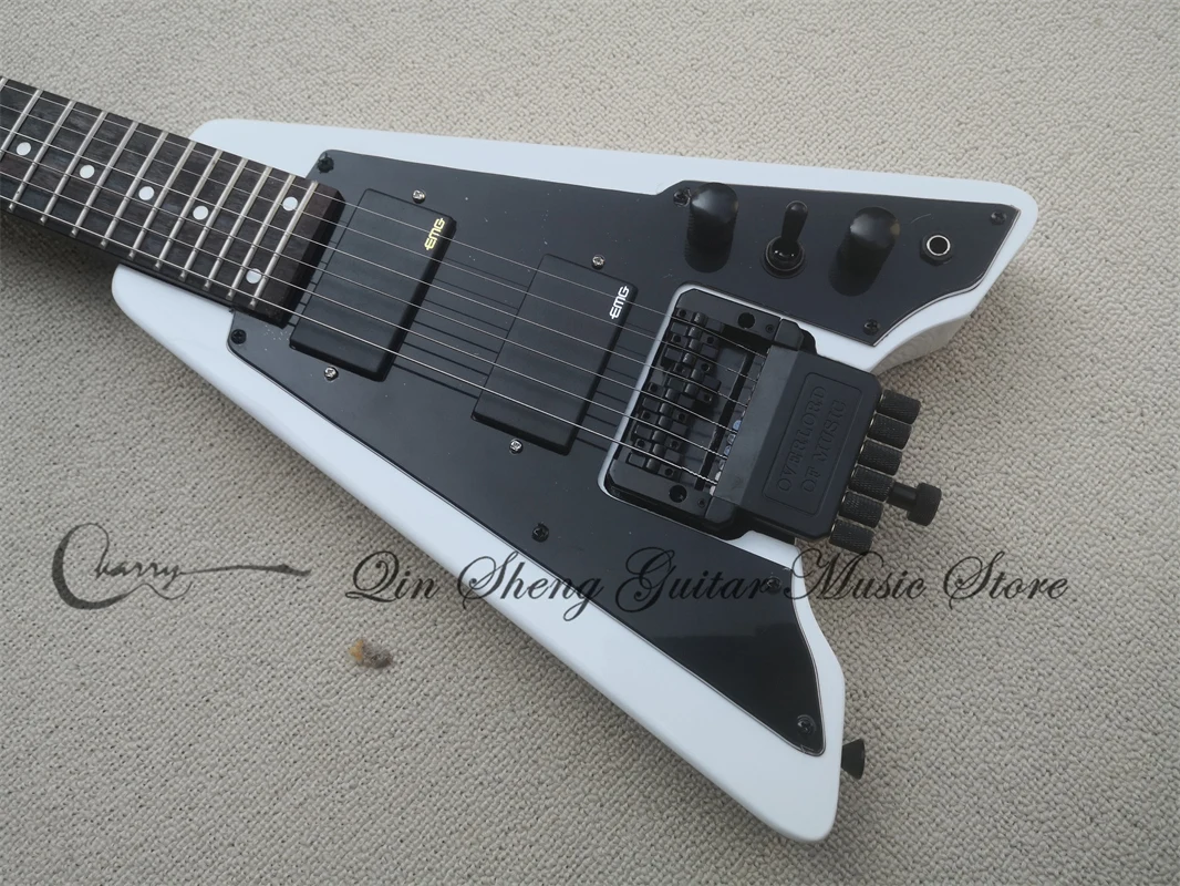 Order booking headless white electric guitar,6 strings stei guitar,HH pickups,black pickguard,Black buttons