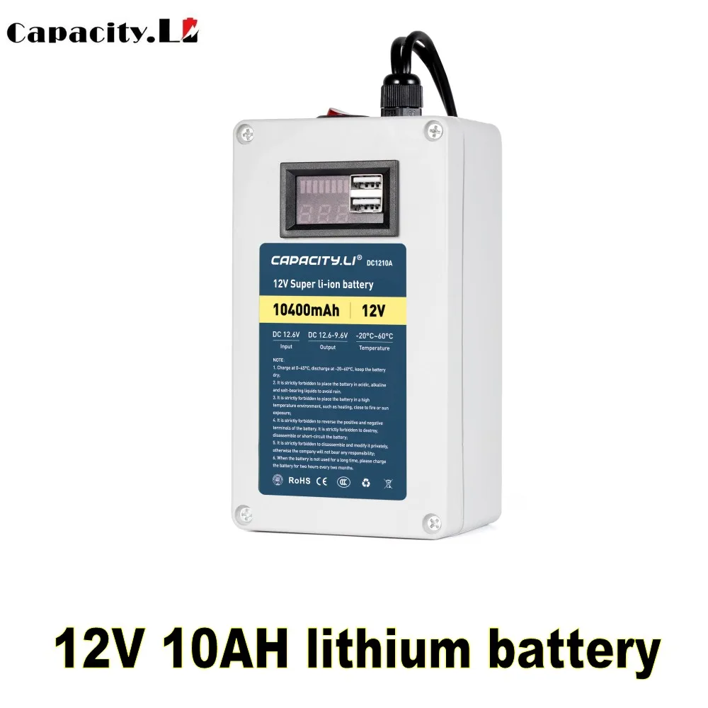 Capacity.li-batería de litio recargable de 12V y 10Ah para iluminación exterior, fuente de alimentación de emergencia, enrutador de audio con monitoreo de motor de 12V