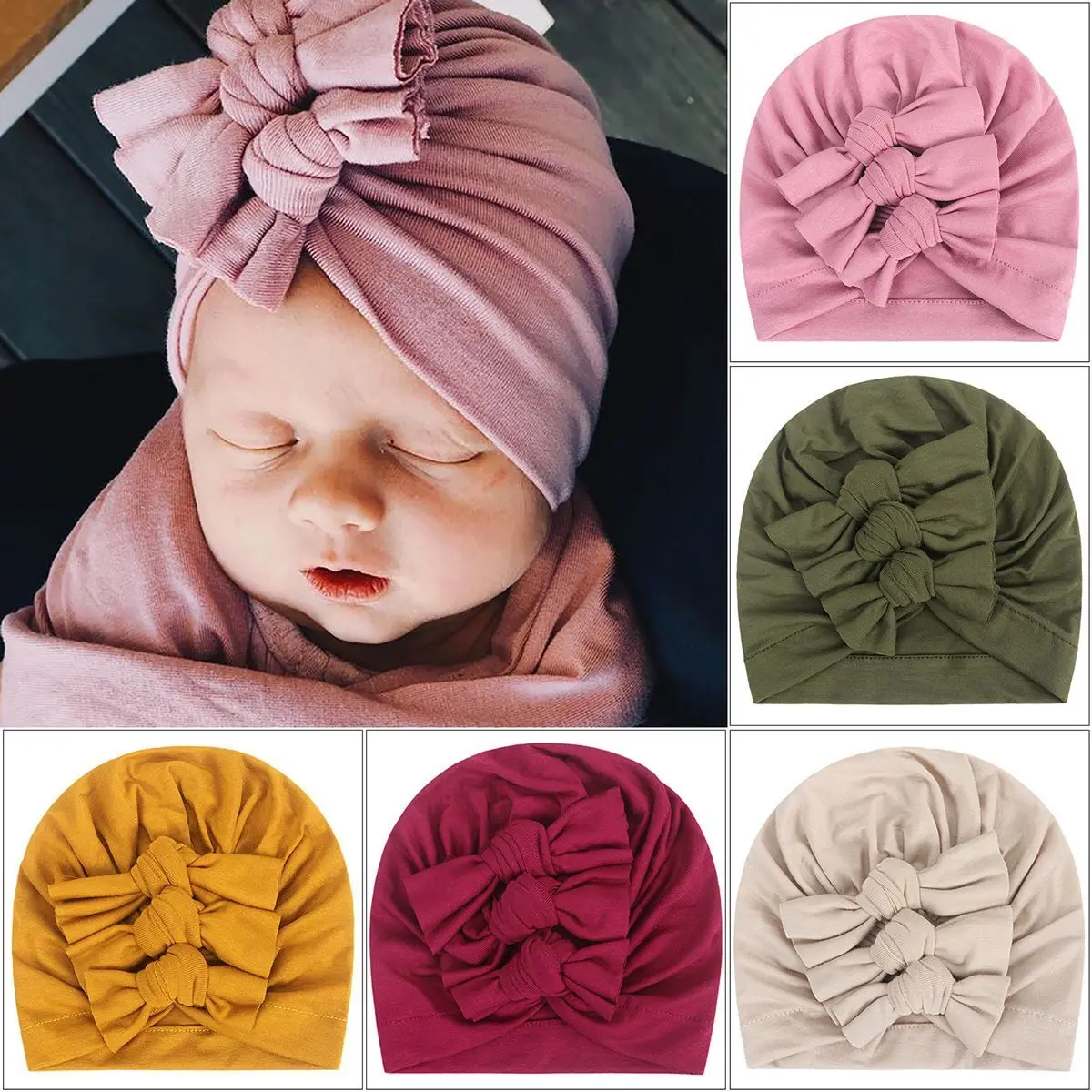 15pc/lot Newborn Knotted Bows Baby Turban Hats Toddler Solid Knot Bow Headband,Infant Photography Props Cotton Kids Beanie Caps