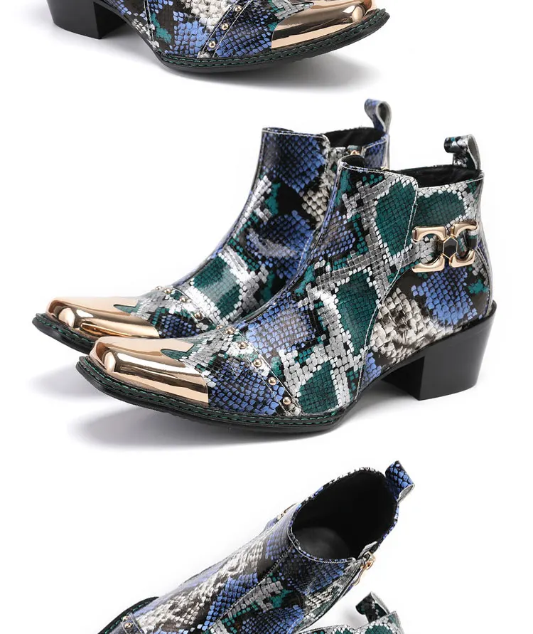 Men's Cowhide Serpentine Print Metal Decor Pointed Toe Belt High‑Heel Short Boots Western Cowboy Boots For Stage Show Party