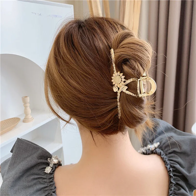 Exquisite Forest Luxury Sunflower Leaf Texture Shark Clip Retro Grab Clip Back Head Hair Clip Personalized Hair Accessories 2021