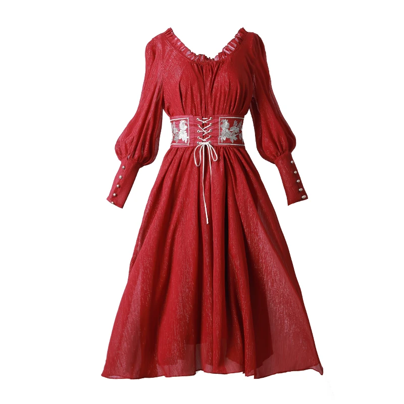 Imagem -04 - Vestido Midi Vintage e Elegante de Chiffon Roupa Boho com Fio Vermelho Dourado para Primavera e 2023