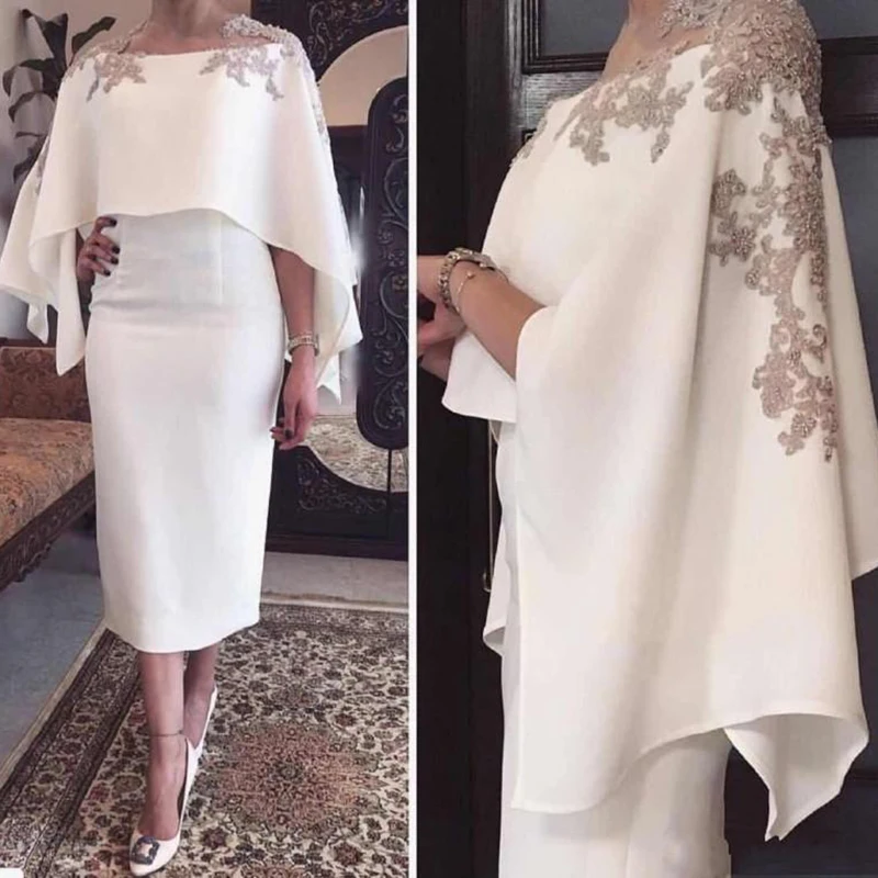 Weiß Tee Länge Mutter Der Braut Kleider Mantel Satin Applique Plus Größe Kurze Bräutigam Mutter Kleider Für Hochzeit