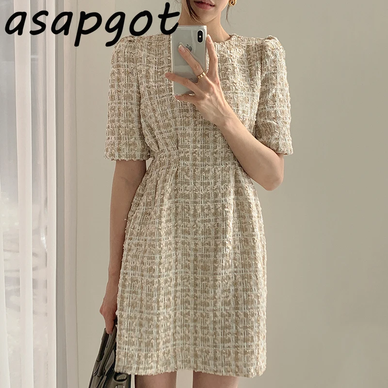 Asapgot Fashion Chic Autumn Lady Light Mature O Neck Waist Slim Puff Short Sleeve A-line Plaid Tweed Dress Women Mini Vestido